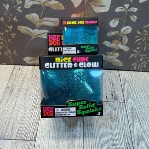 NeeDoh Nice Cube GLITTER & GLOW BLUE and one Nice Baby BLUE Squishy Squeeze